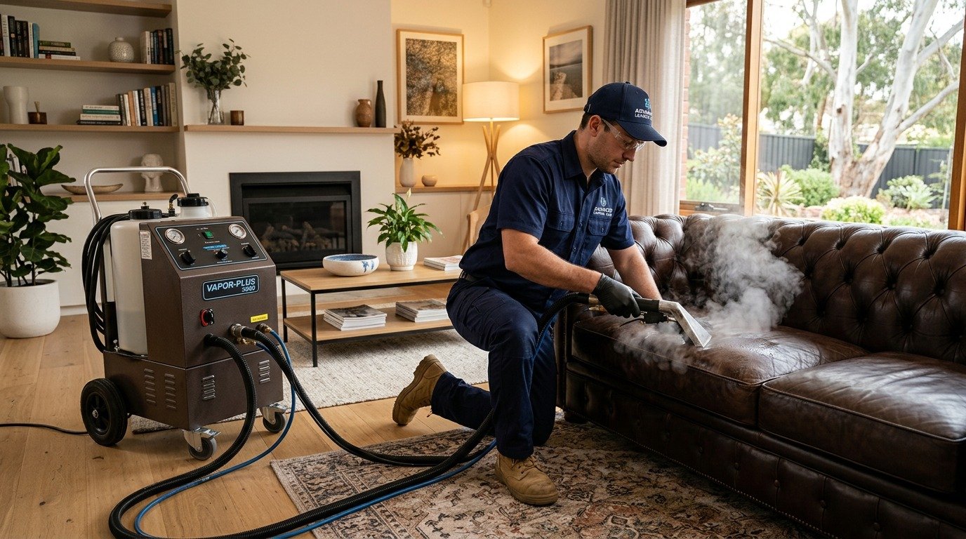 Professional leather couch cleaning result Melbourne home — before and after