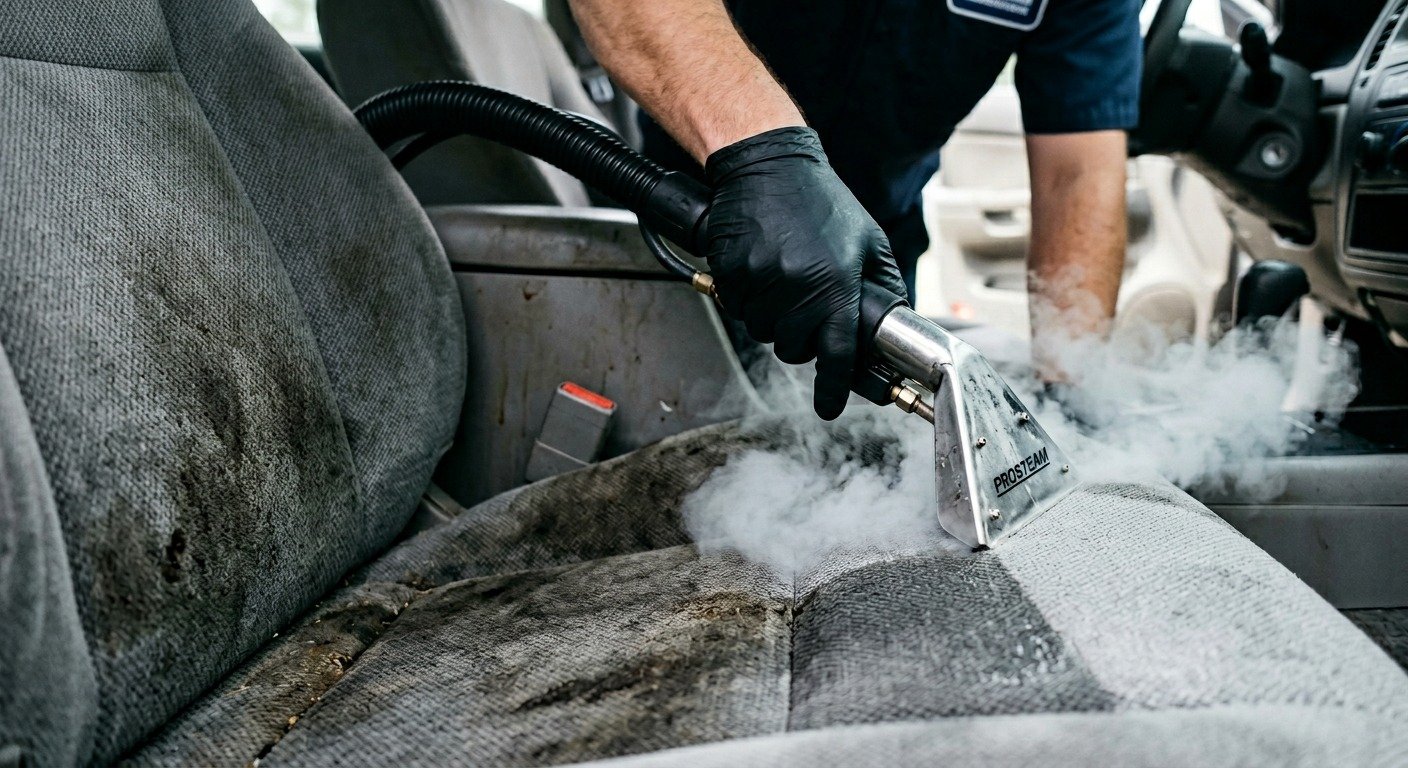 Car seat steam cleaning Melbourne — deep fabric extraction result