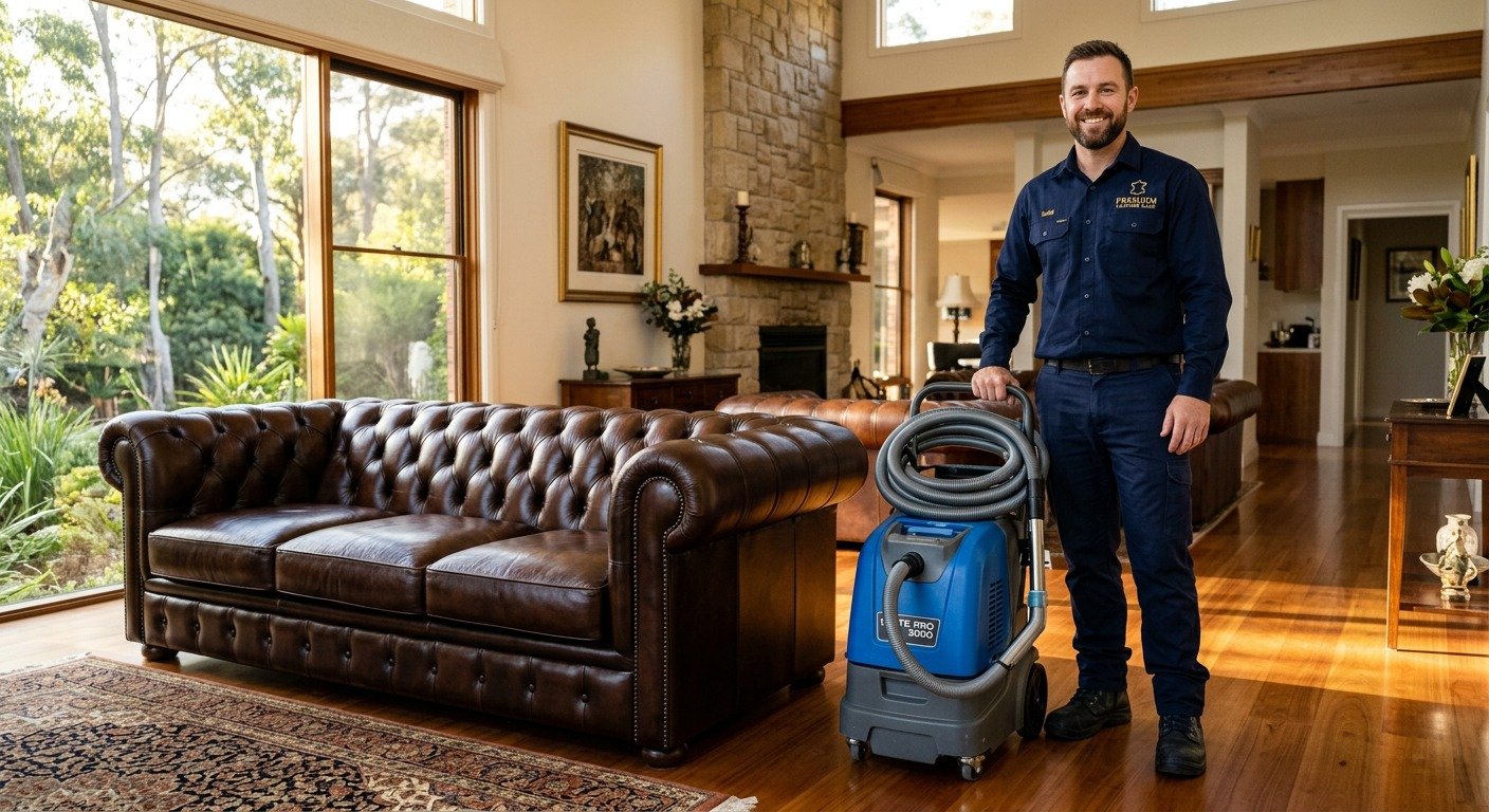 Leather lounge cleaning and conditioning service in Melbourne — full treatment result
