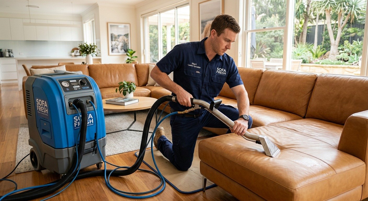 Martin Steam Cleaning technician professionally cleaning a leather couch in Melbourne