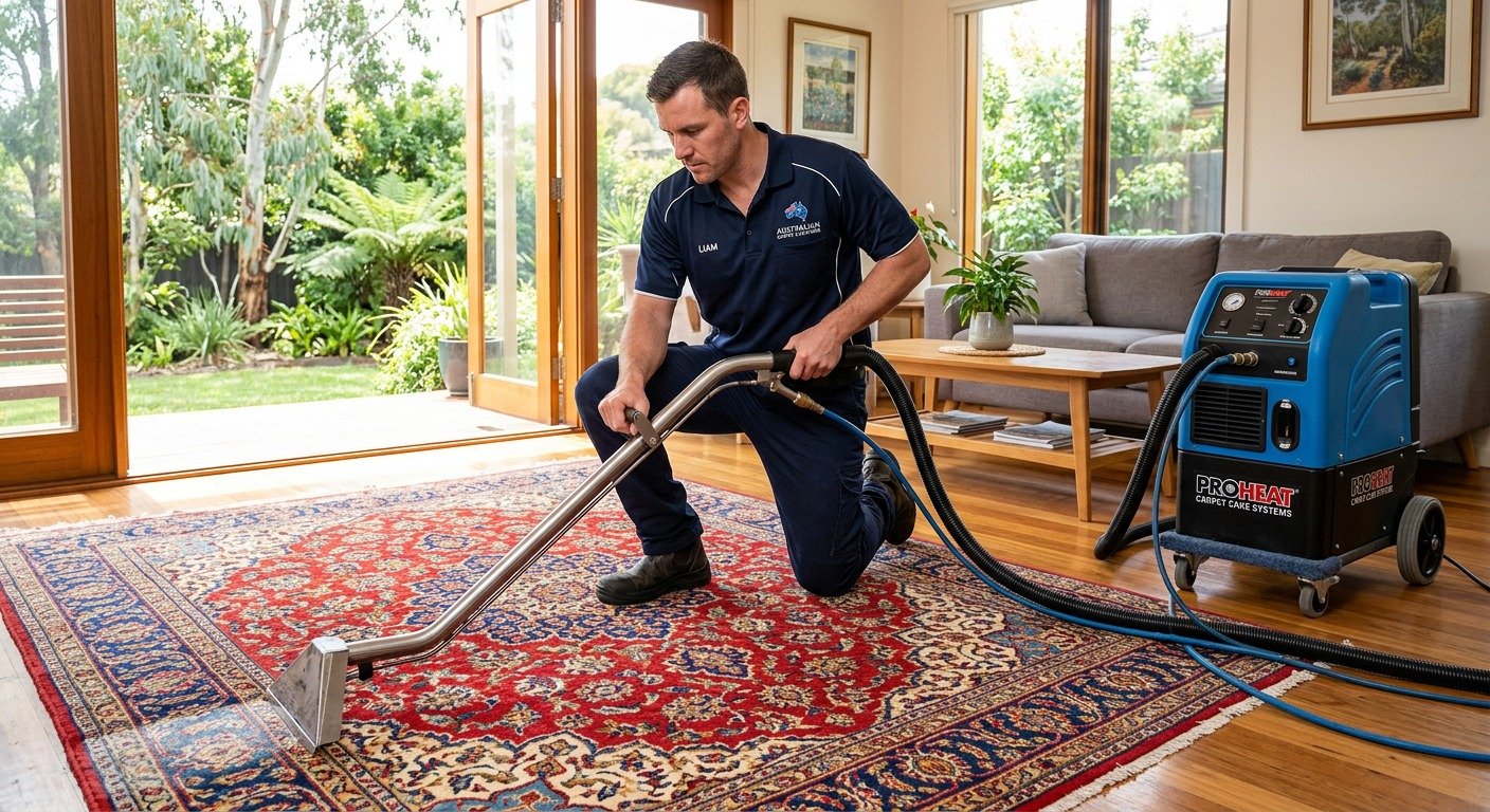 Martin Steam Cleaning technician professionally cleaning a rug in Melbourne