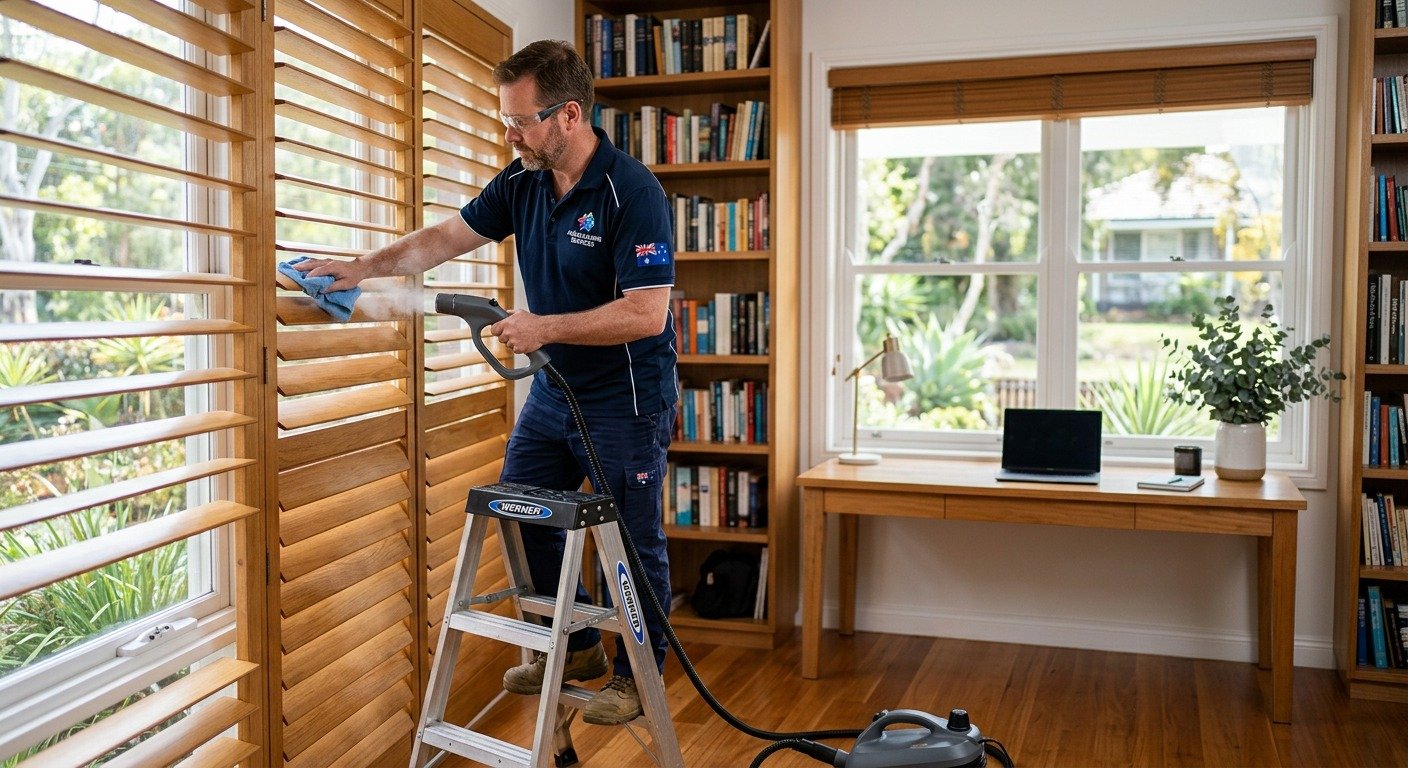 Martin Steam Cleaning technician hand-cleaning wooden venetian drapes slat by slat in a Melbourne home