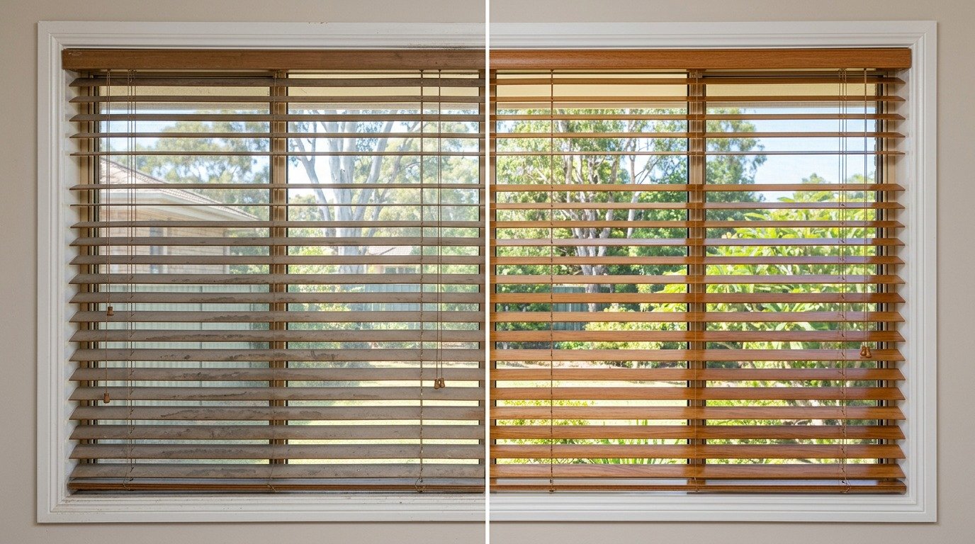 Wooden venetian blind nicotine and grease removal before and after Melbourne