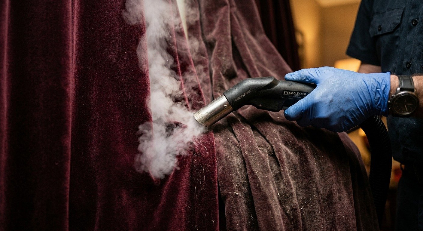 Martin Steam Cleaning technician performing professional on-site curtain steam cleaning in Melbourne