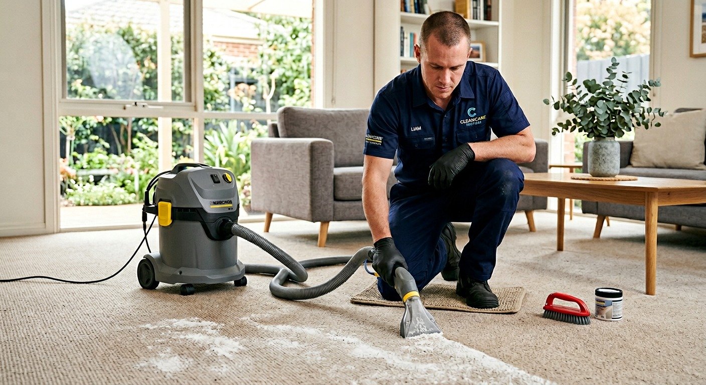 Martin Steam Cleaning technician performing professional low-moisture carpet dry cleaning in a Melbourne home