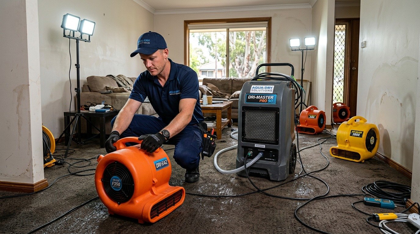 Commercial air movers and dehumidifier drying water-damaged carpet in a Melbourne home