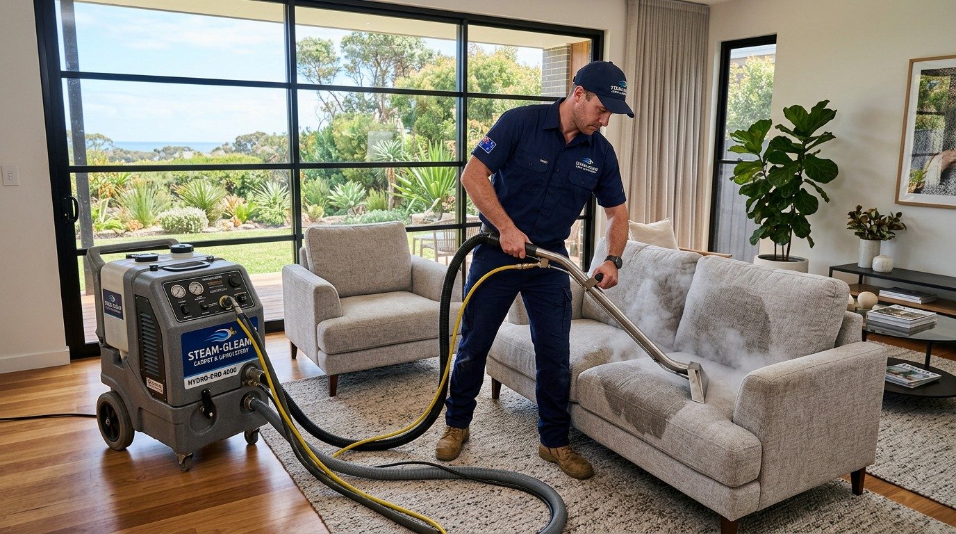 Professional upholstery cleaning result Melbourne home — deep clean fabric sofa before and after
