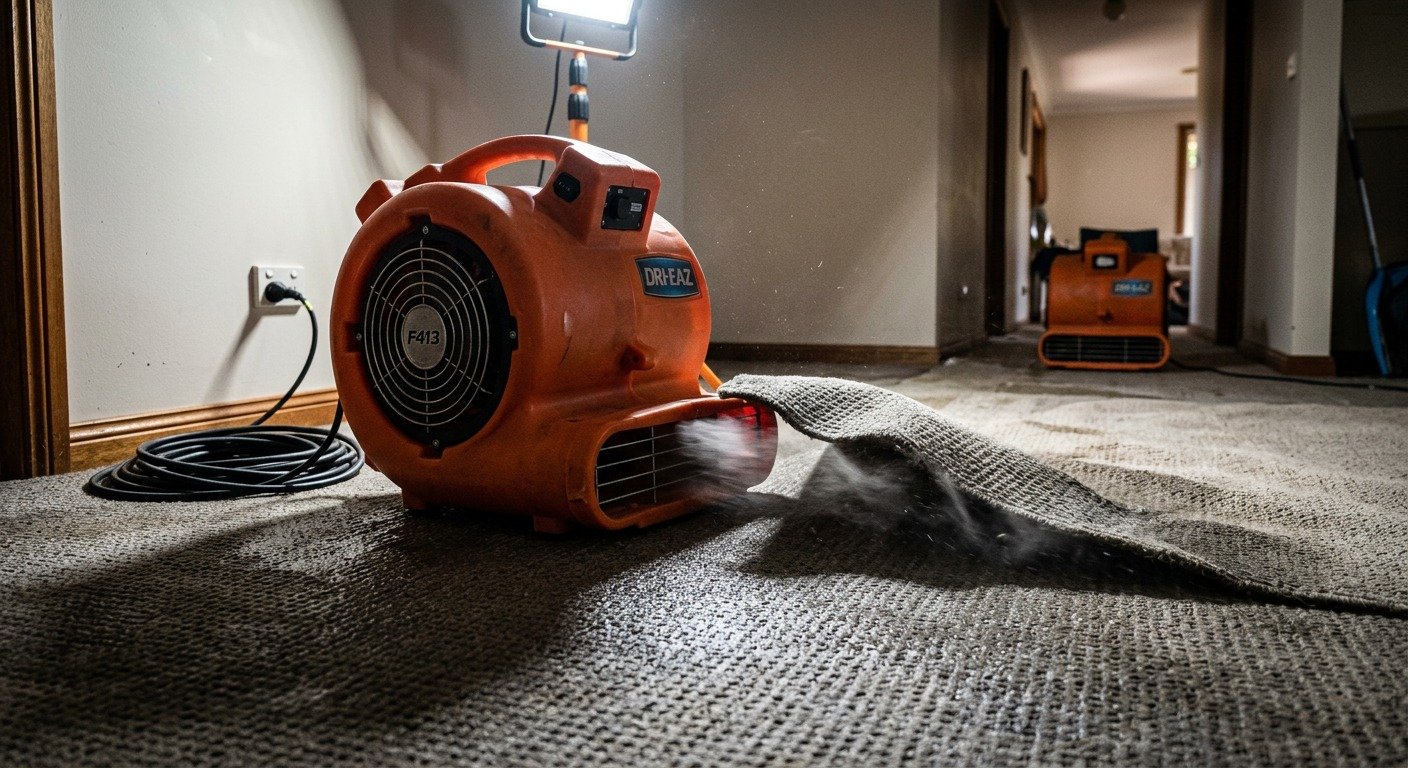 Commercial air movers drying water-damaged carpet in a Melbourne home